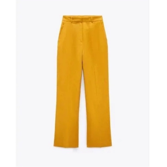 Zara Linen Menswear Style Baggy Wide Leg Mustard Yellow Trouser Pant - Picture 3 of 9